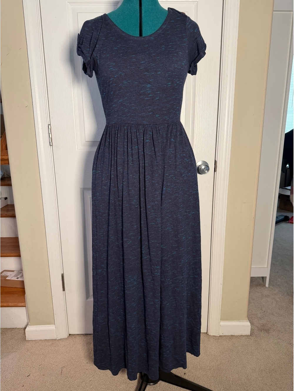 Matilda Jane Deep Water Navy Teal Speckled Maxi Dress Pockets & Button Sleeve